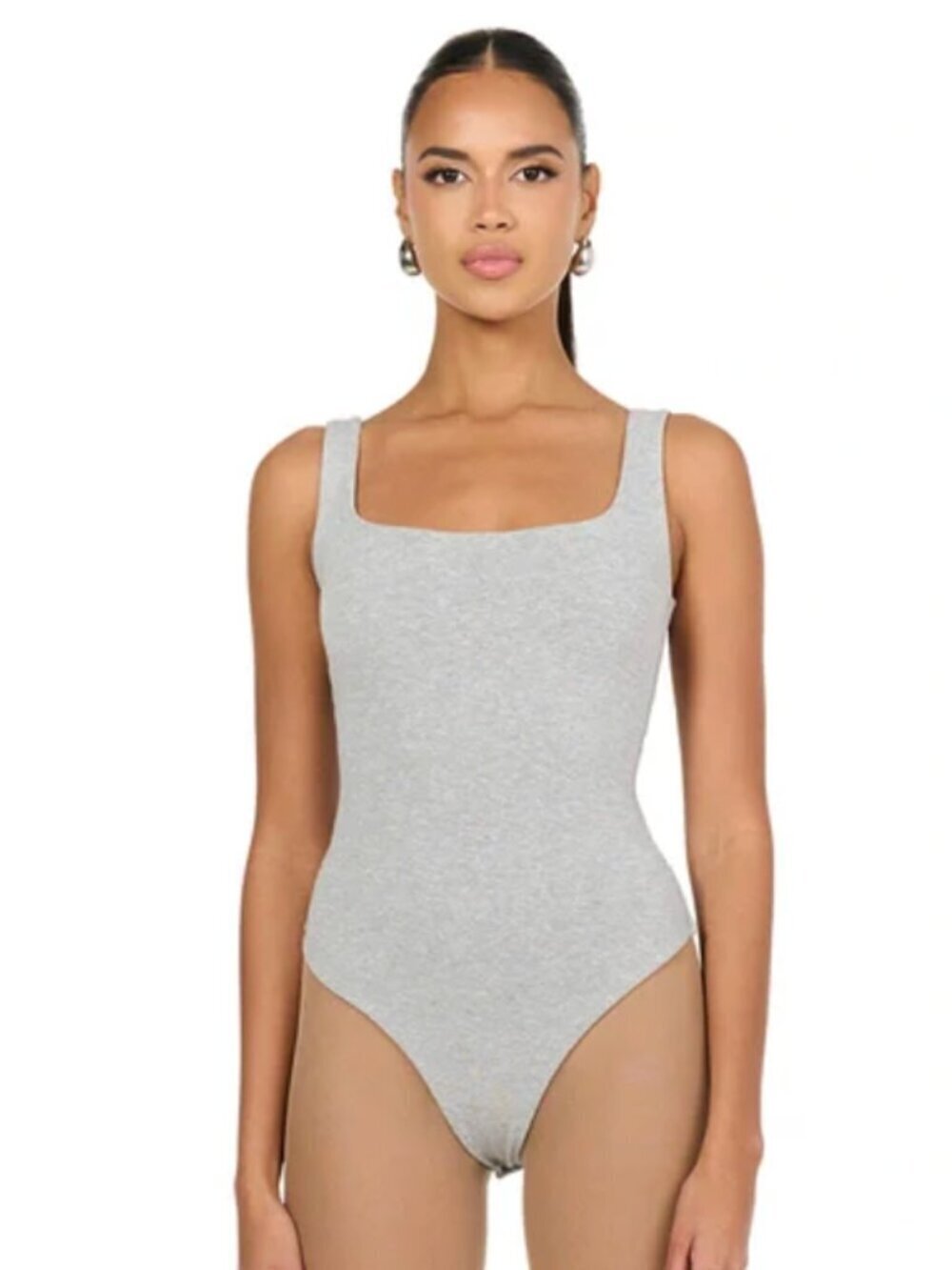 Naked Wardrobe Heather Gray Thong Scoop Bodysuit